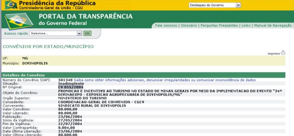 Sindicato Rural de Divinópolis pode estar devendo R$ 180 mil reais para o governo federal – Verba liberada através do Ministério do Turismo em 2004 e 2005 convenio sindicato rural 2004